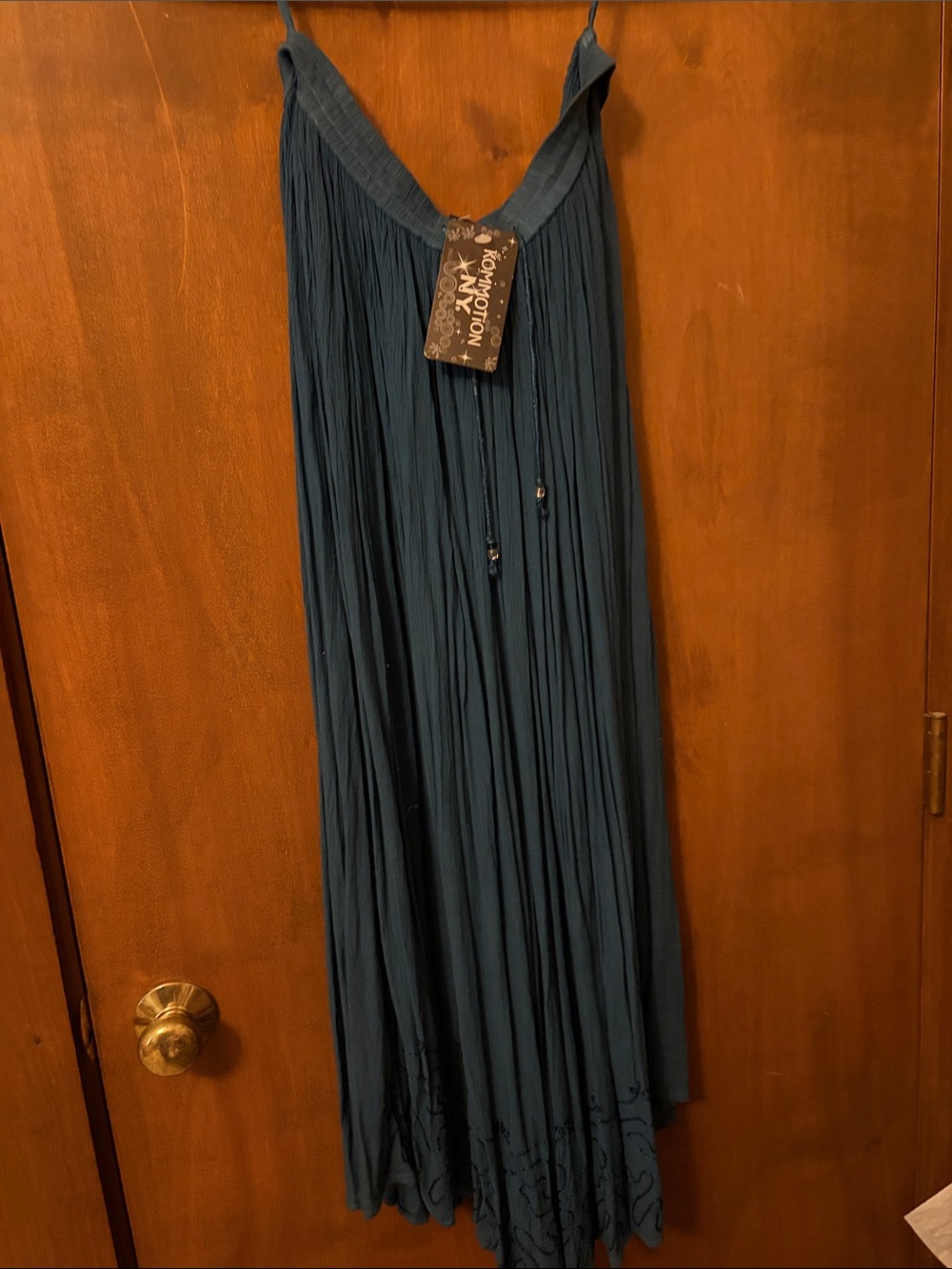 Boho Pleated Maxi Skirt in Teal with Drawstring Waist